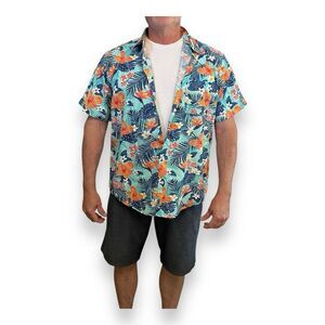 Hawaiian Shirt Blue Orange White 100% Cotton Size 2XL